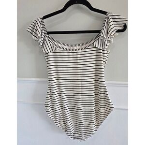 Vince Camuto Swim Black White Striped Ruffle‎ Off Shoulder One Piece Size 10